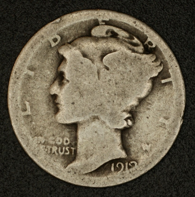 1919 Mercury Dime 10C Philadelphia 90% Silver Early Date Circulated Coin