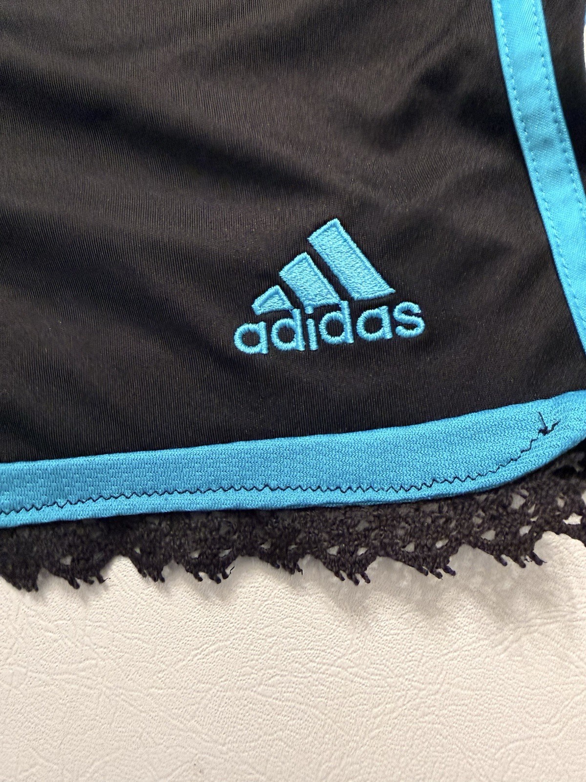 Black/Blue Stripes Upcycled Adidas Shorts With Black Trim - Size Large