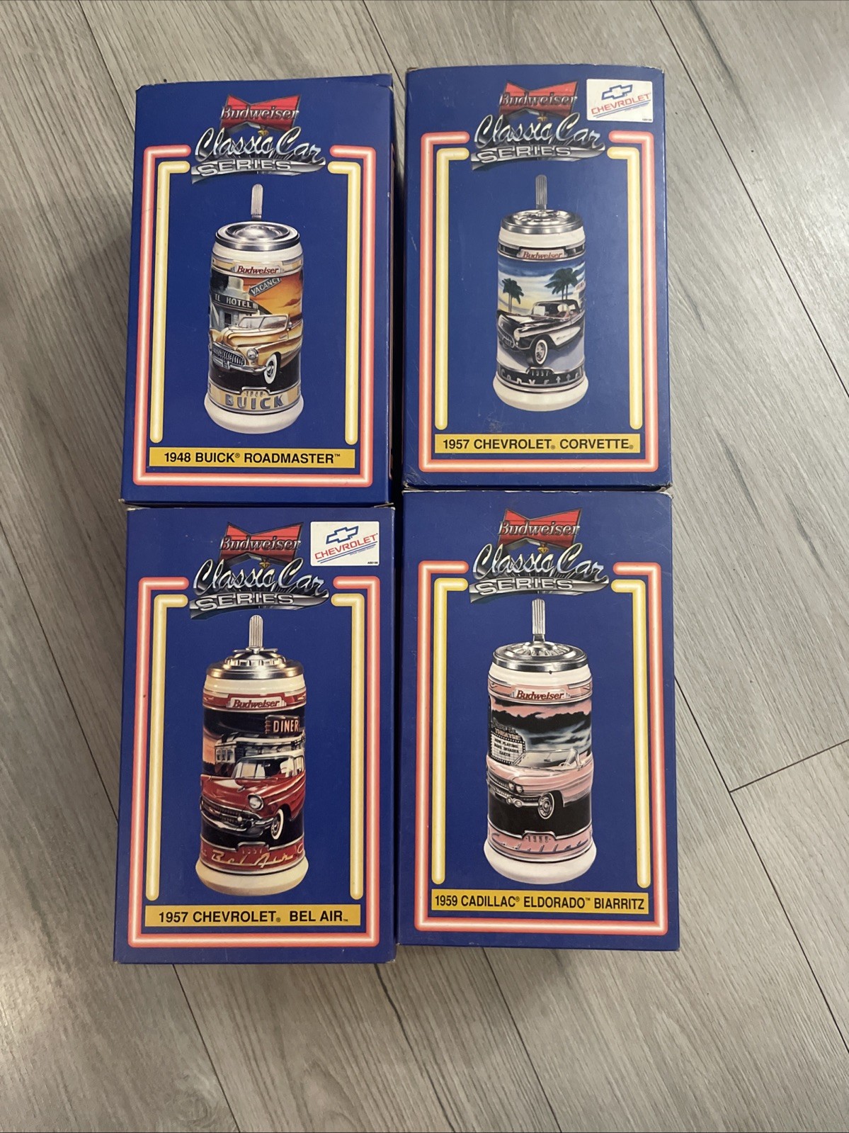 4 Budweiser Classic Car Series Lidded Stein NIB Vintage 4 Budweiser Classic Car Series Lidded Stein NIB Vintage