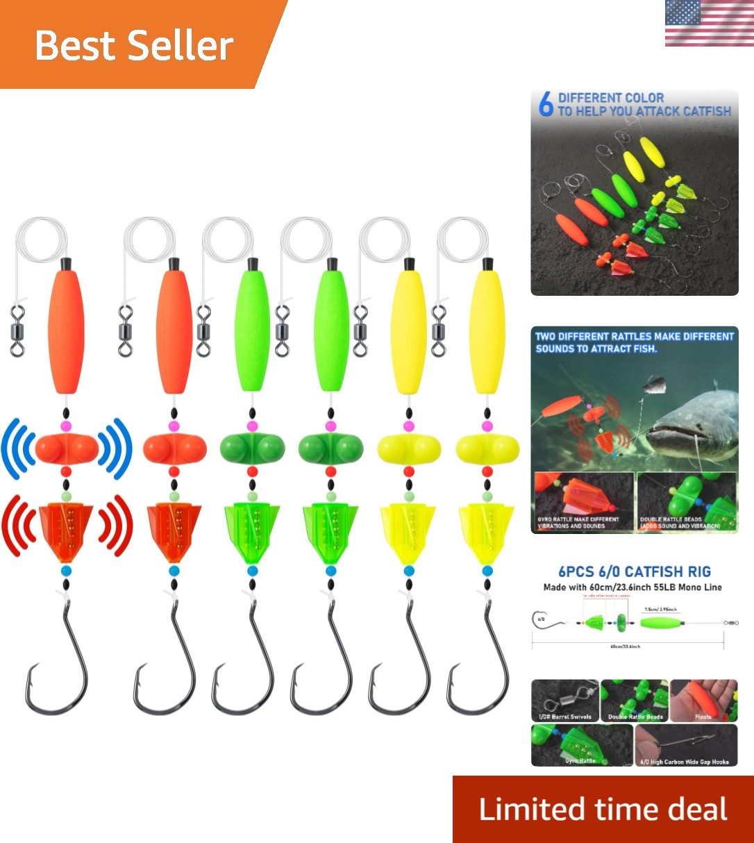 3/6 Pcs Catfish Fishing Rigs Kit - 2-in-1 Rotating Rattles & Adjustable Floats
