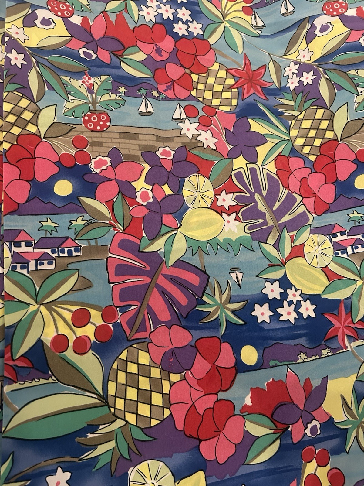 Vtg Lauren Lee JoAnn Silky Fabric 7.8 Yds Tropical Hawaiian Landscape Sailboat