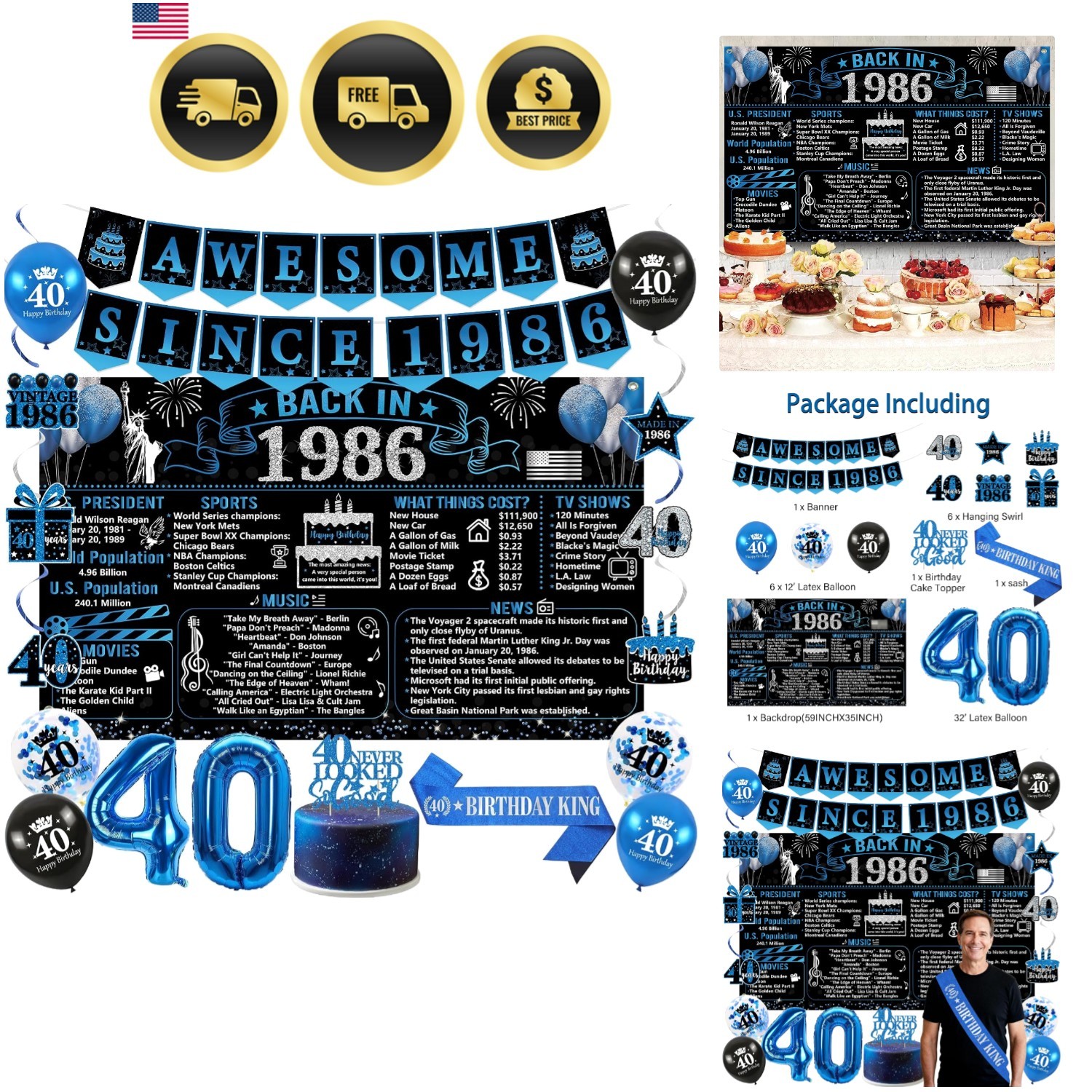 40th Birthday Decorations for Men Blue Back in 1986 Poster Party Set