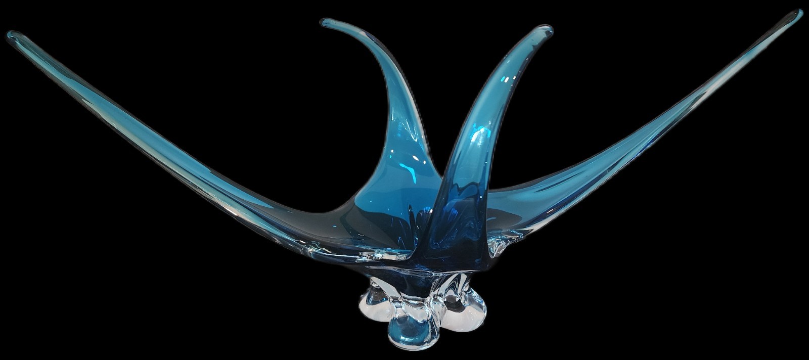 Vintage Chalet Canada 4 Point Blue Art Glass Centerpiece Bowl Signed 24\ Vintage Chalet Canada 4 Point Blue Art Glass Centerpiece Bowl Signed 24\