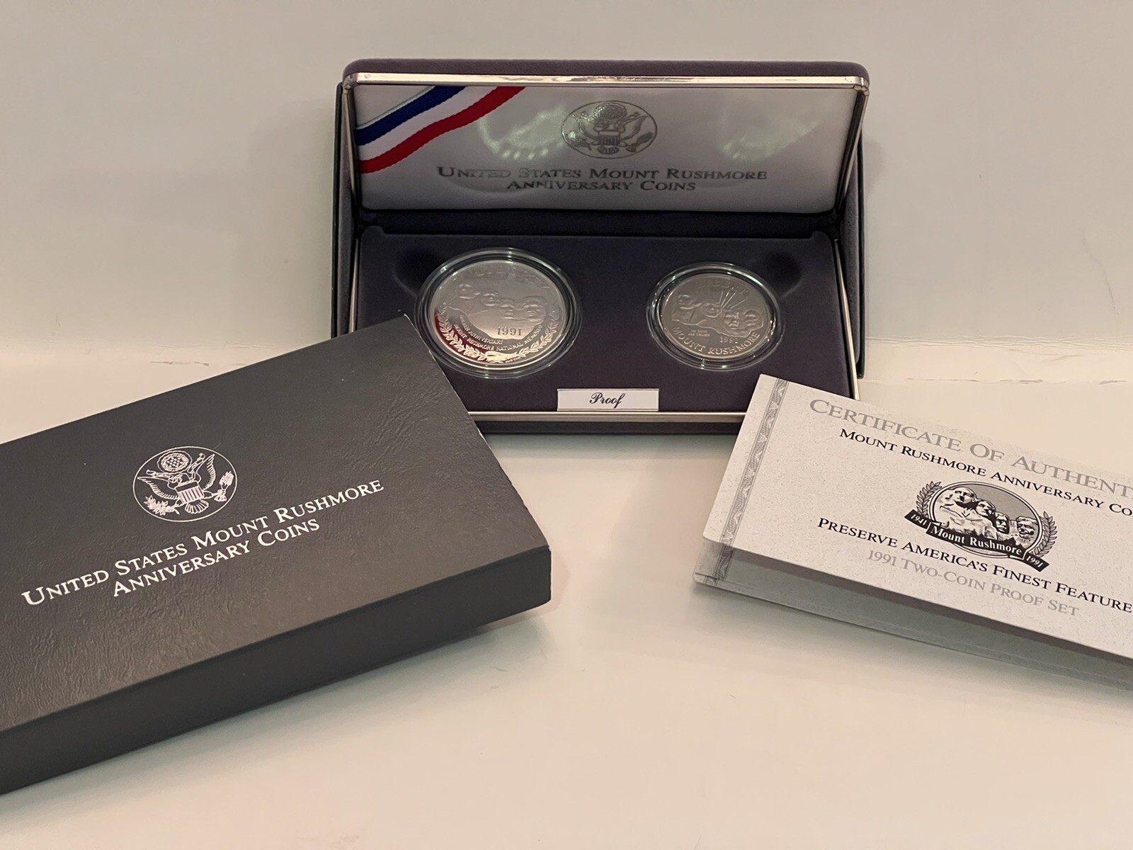 1991 S UNITED STATES MOUNT RUSHMORE ANNIVERSARY TWO COIN PROOF SET WITH OGP -COA