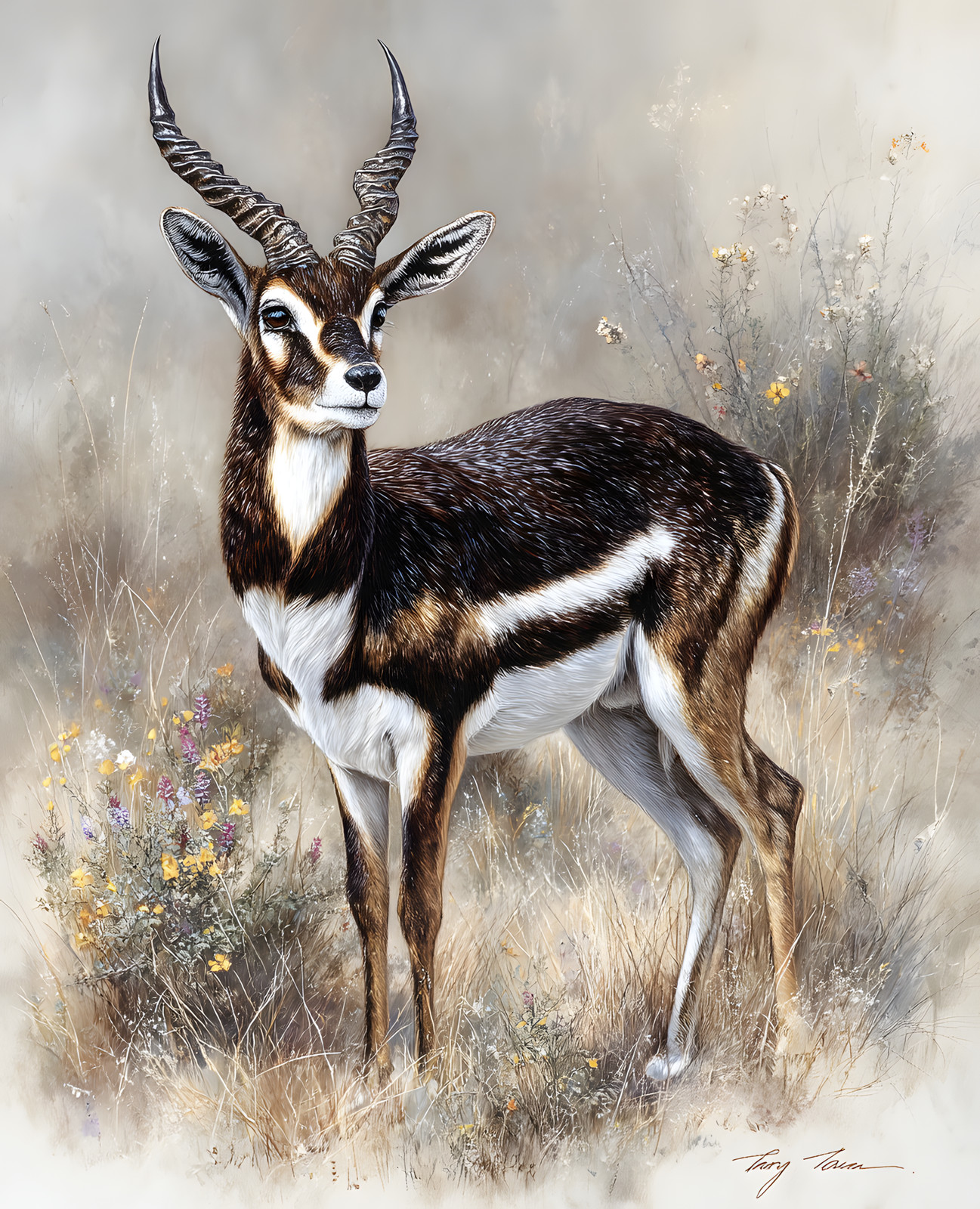 Blackbuck Antelope Standing Among Wildflowers Print - 743725773