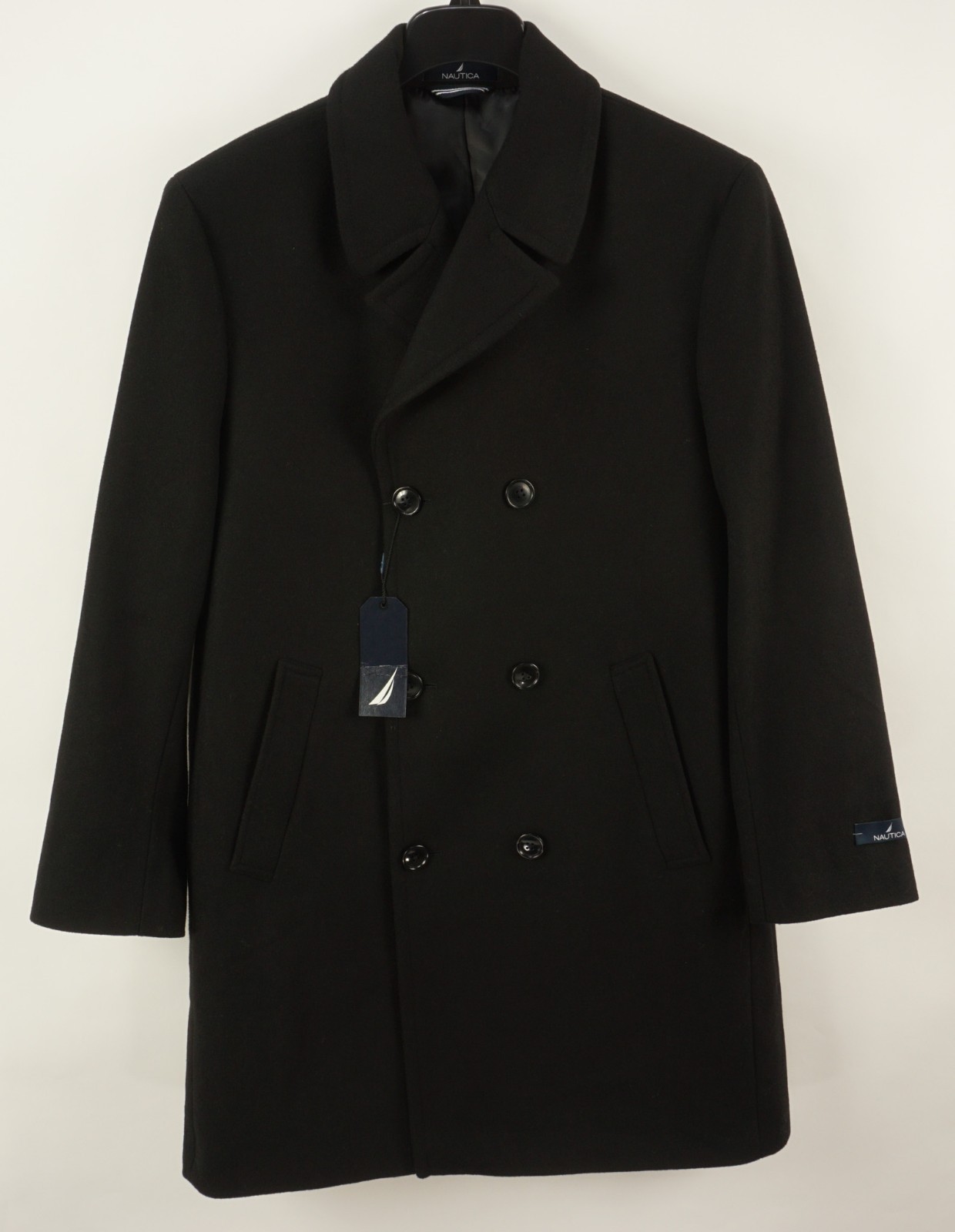 $395 Nautica Mens Classic Fit Double-Breasted Wool Overcoat Black 46R Six Button