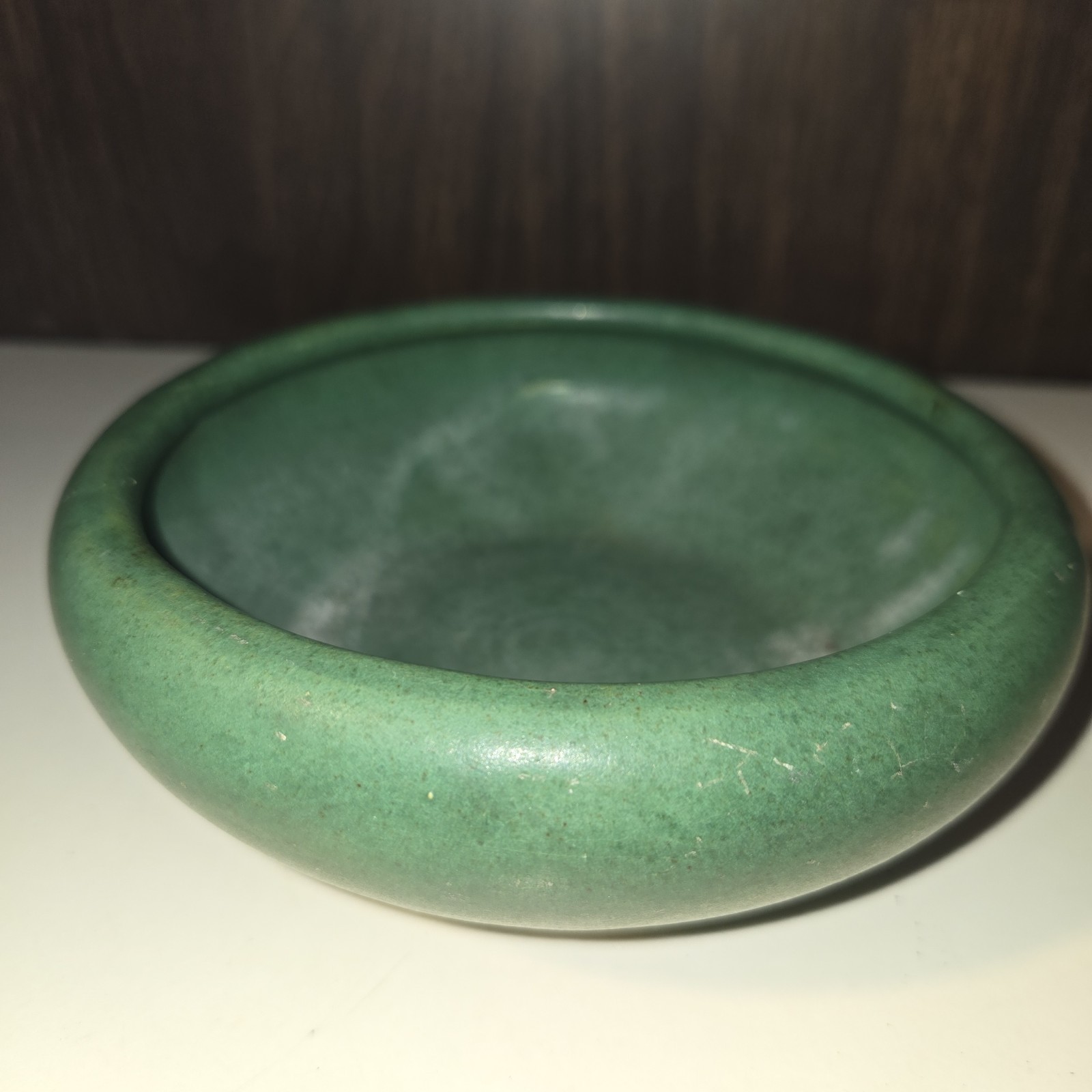 Antique Zanesville Art Pottery Matte Green Low Bulb Bowl Planter 6\ Antique Zanesville Art Pottery Matte Green Low Bulb Bowl Planter 6\
