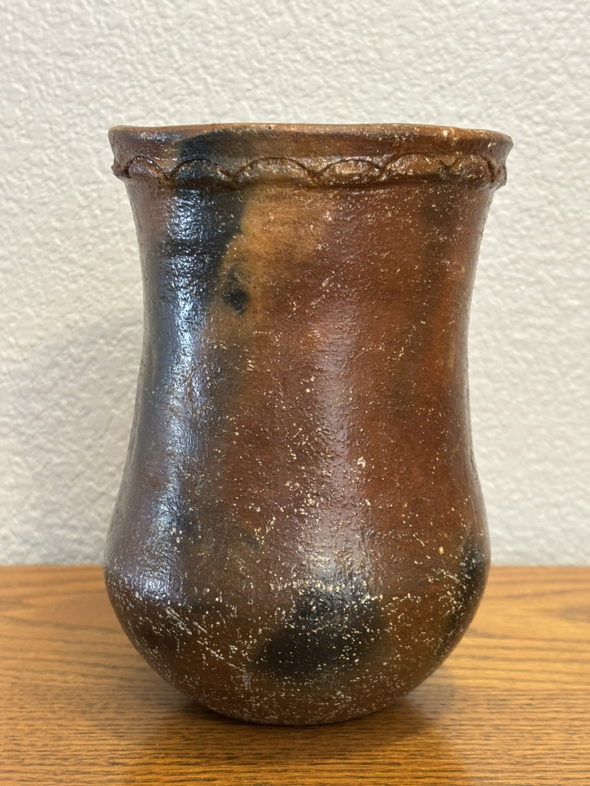 Antique/Vintage Folk Art Hand Built Pottery Vessel 6.5” Braided Rope Decoration