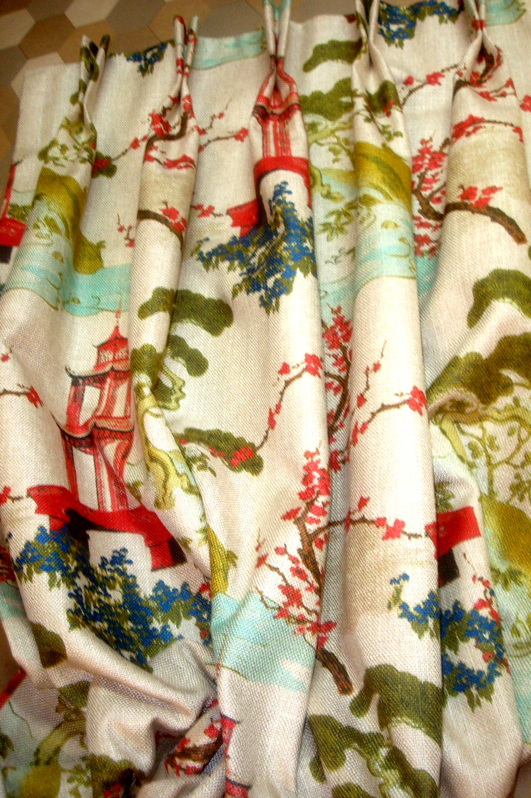 New Custom DRAPES Regal Fabric Zen Chinoiserie Pagoda 2 pc Lined Pleated 90\