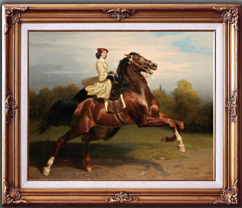 Hand Painted Oil Painting Elegant Lady Riding Brown Horse Classical Equestrian