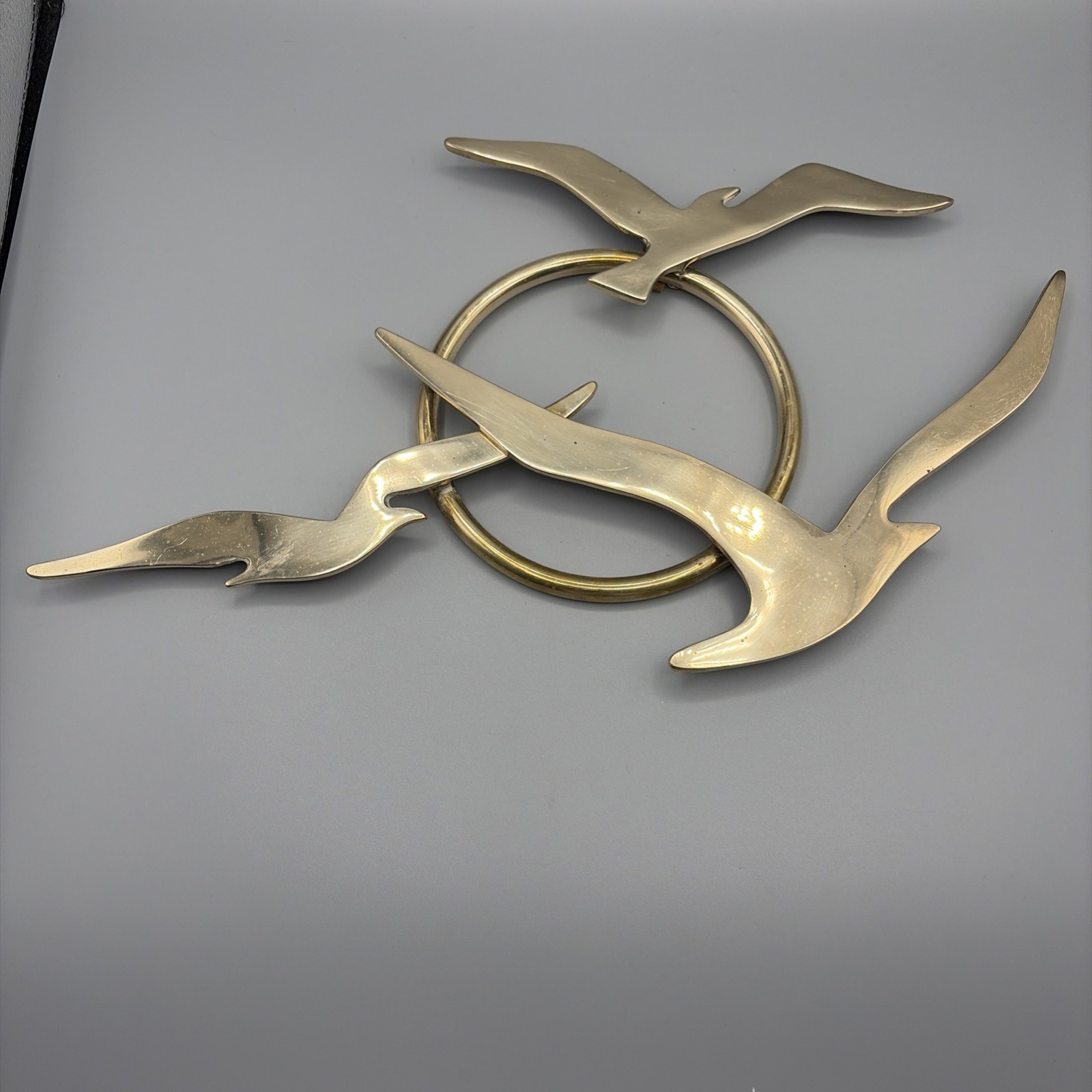 Vintage 1970's Solid Brass Seagulls in Flight Wall Hanging MCM Decor Ring