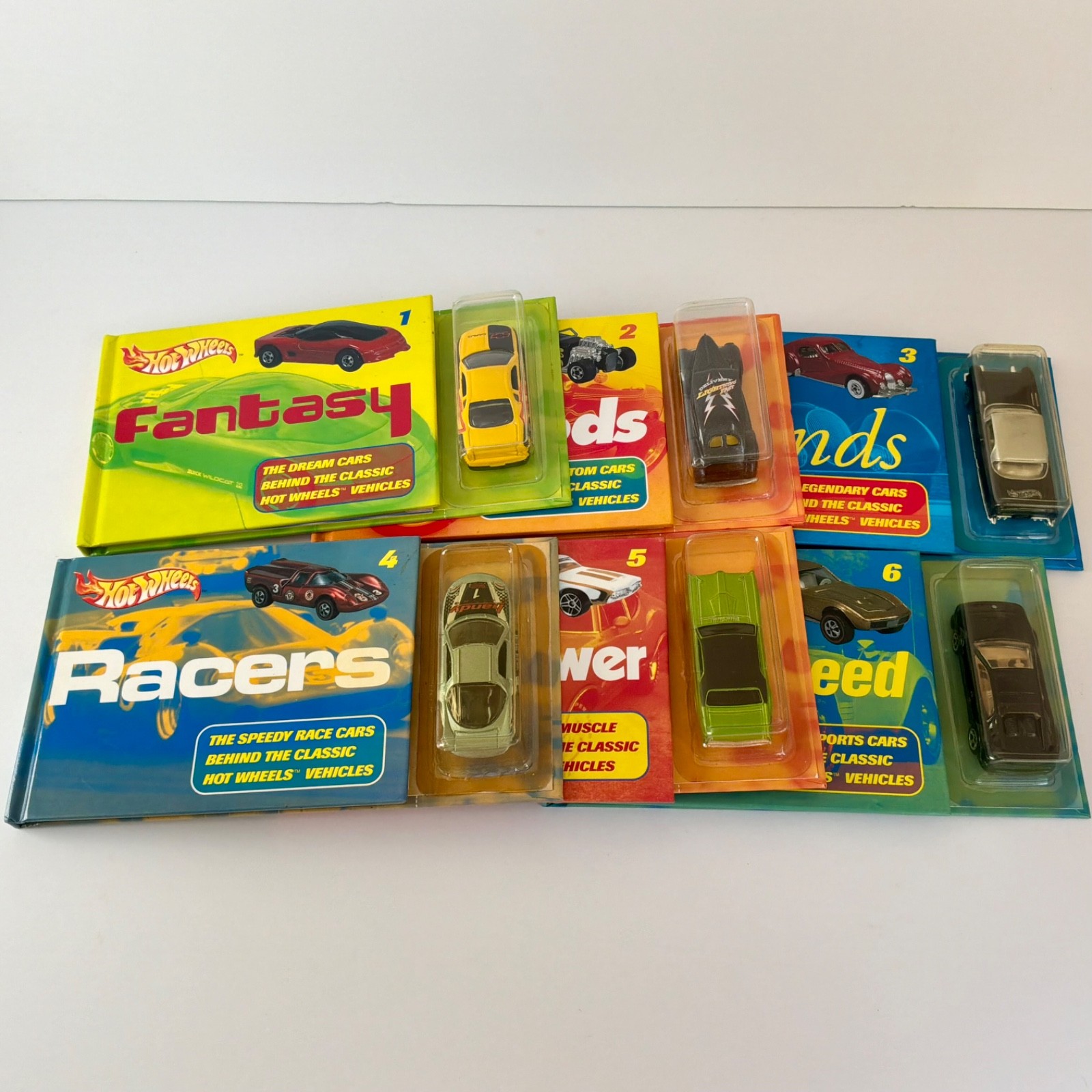 HOT WHEELS BOOK AND CAR SET OF 6- HOT RODS RACERS LEGENDS FANTASY
