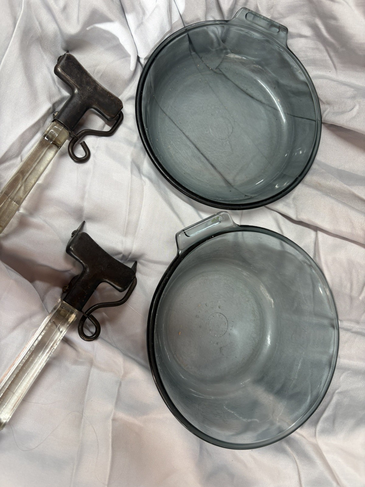 Pyrex Flameware Glass Sauce Pans w Detachable Handles, vintage items 4 pieces Pyrex Flameware Glass Sauce Pans w Detachable Handles, vintage items 4 pieces