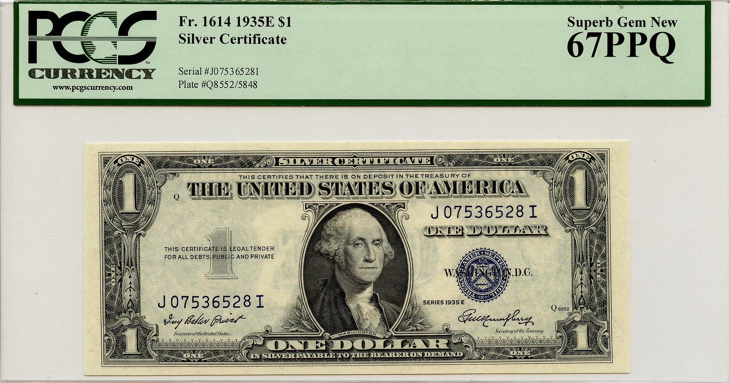 1935E $1 Silver Certificate Fr.#1614 PCGS Currency Superb Gem New 67 PPQ