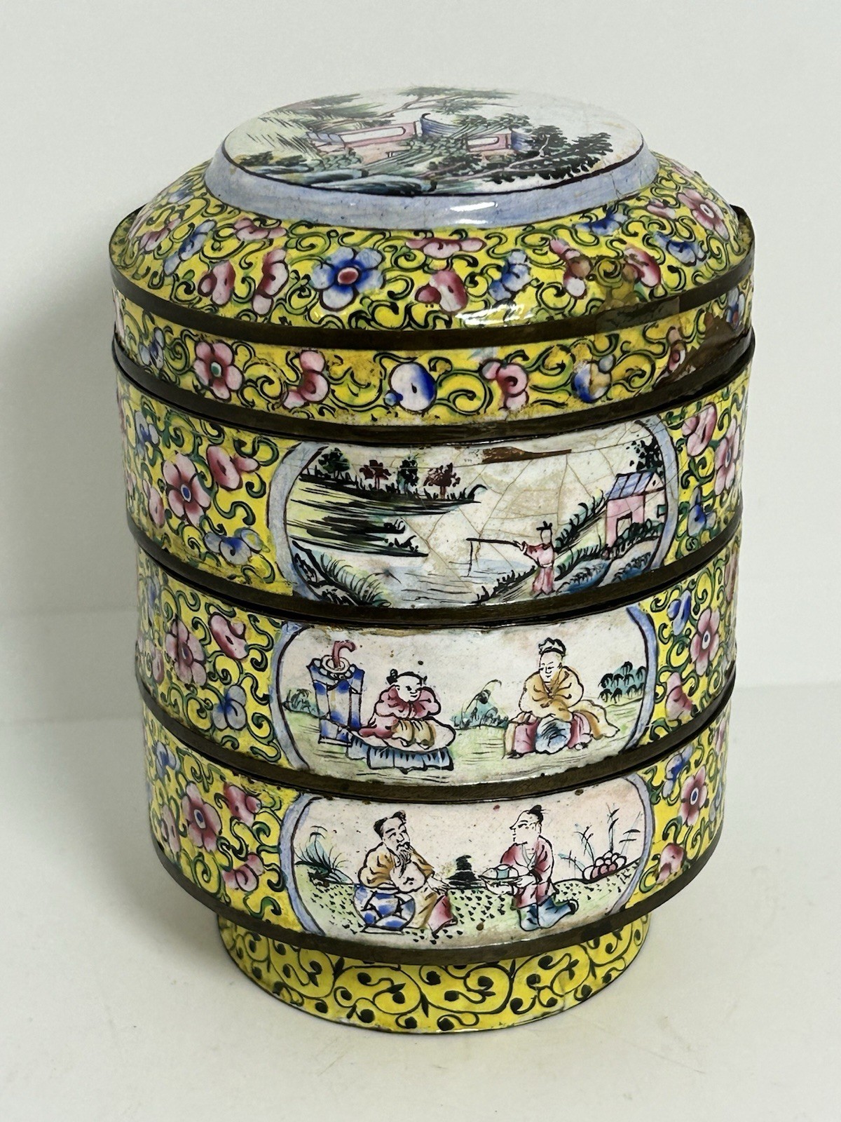 Antique Chinese Canton Cloisonné Enamel Round Stacking Boxes & Cover Yellow Antique Chinese Canton Cloisonné Enamel Round Stacking Boxes & Cover Yellow