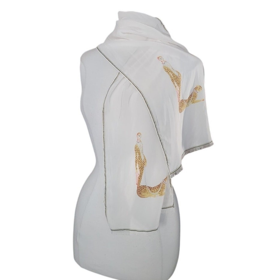 VTG 1980s Erte Silk Scarf White Art Deco Leopard Lady Letter L Femme Panthere
