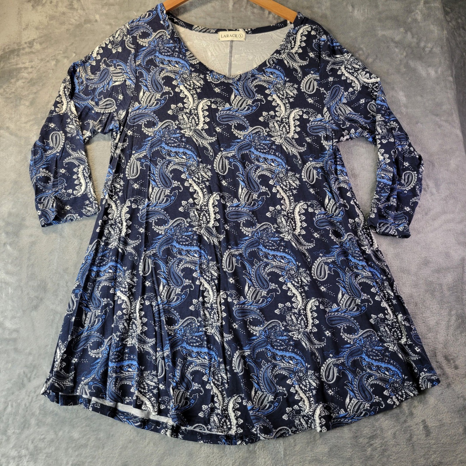 Larace Womens L Navy Blue Paisley Flowy Stretch Casual Dress