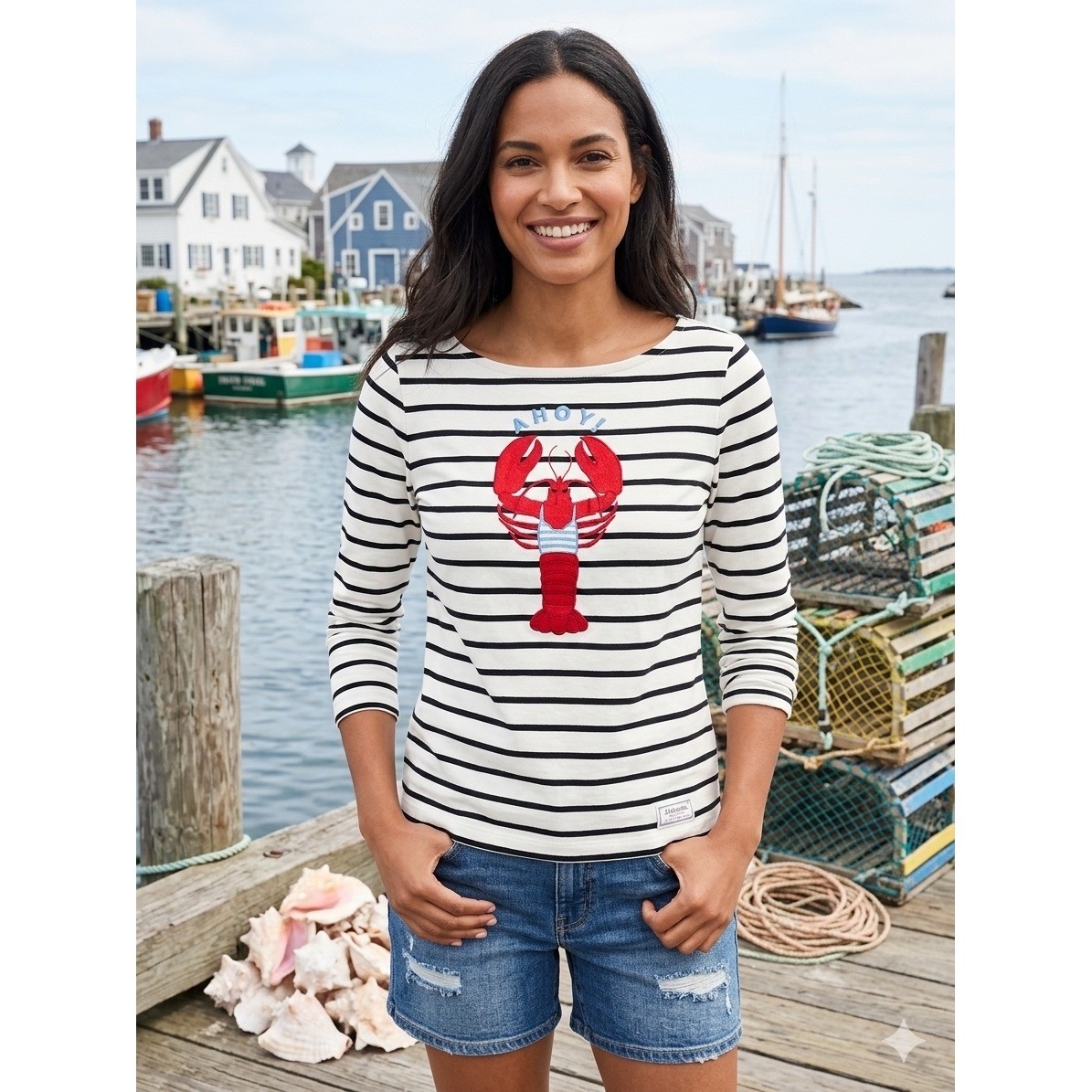 Talbots Authentic Premium Lobster Ahoy Striped Boatneck Top White Black Medium