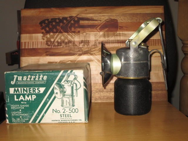 Miners JUSTRITE No. 2-500 CARBIDE HAND LAMP With Box- NEW/OLD STOCK 