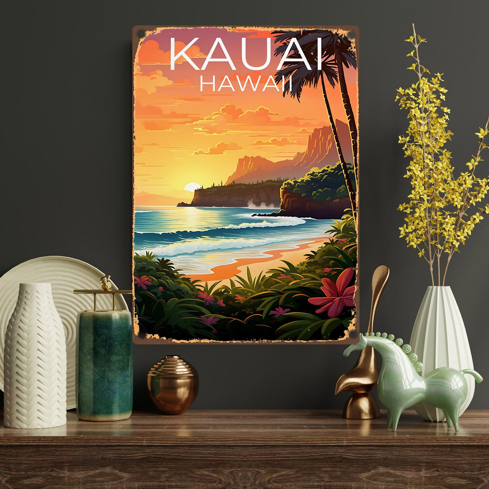 Kauai Hawaii Metal Sign - Tropical Sunset Beach Tin Wall Art Decor