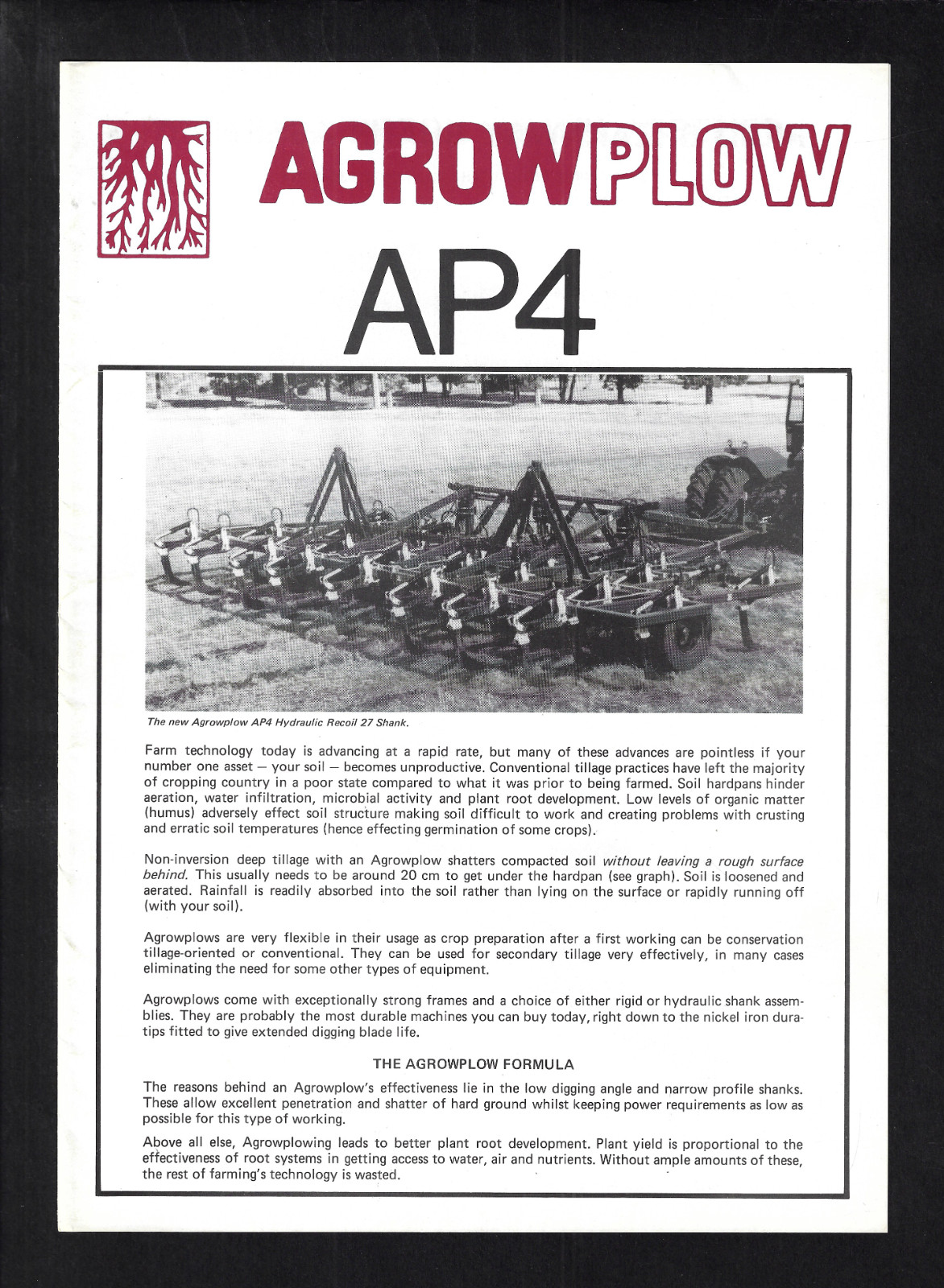AGROWPLOW AP4 HYDRAULIC RECOIL 27 SHANK 4 PAGE BROCHURE AP 8-84