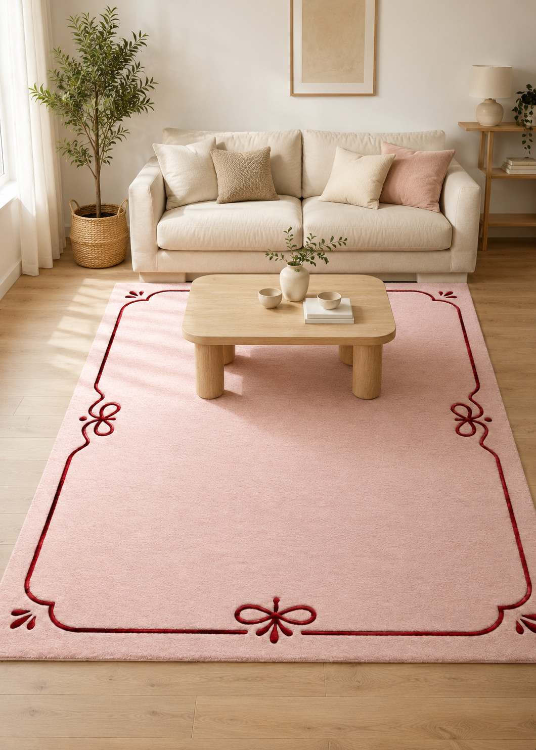 Hand Tufted Wool Rug Pink Burgundy Bow Border Coquette Area Carpet 3x5ft
