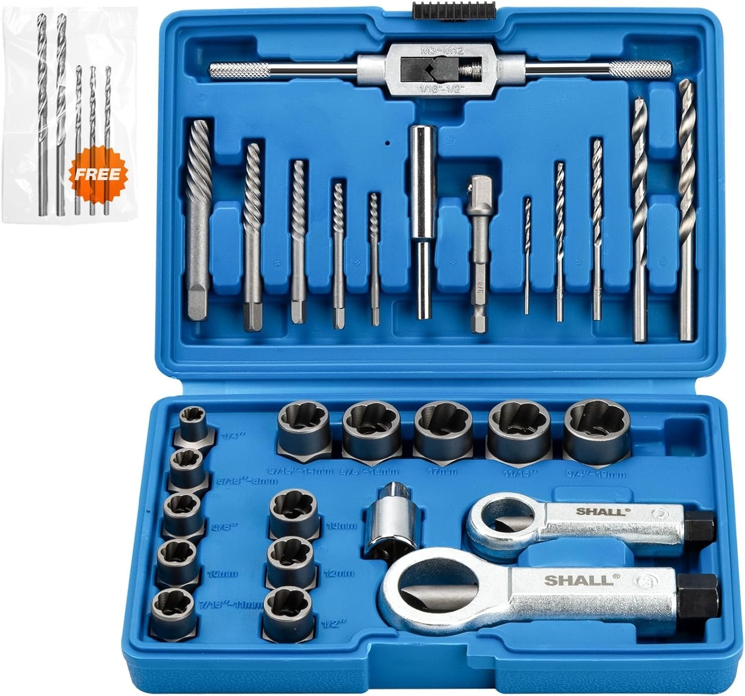 SHALL 34-Piece Bolt Screw Extractor Set - Case with 13-Piece Bolt Extractor, 5+5