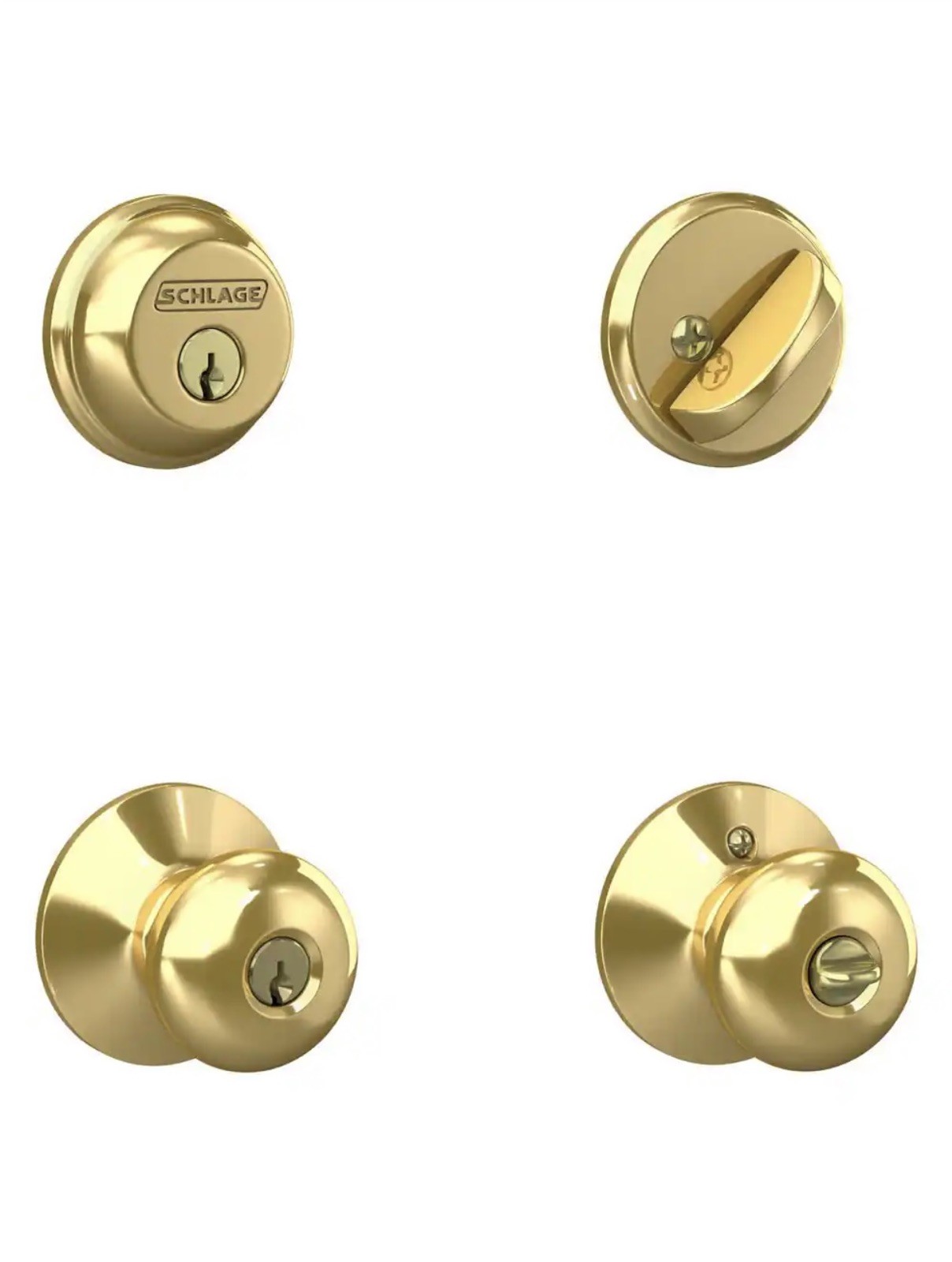 New Schlage Plymouth Bright Brass Deadbolt & Keyed Entry Door Knob Combo Pack 