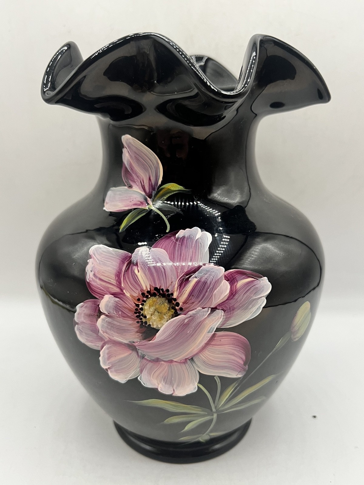 Vtg Fenton Ebony glass vase with hand-painted pink flowers 