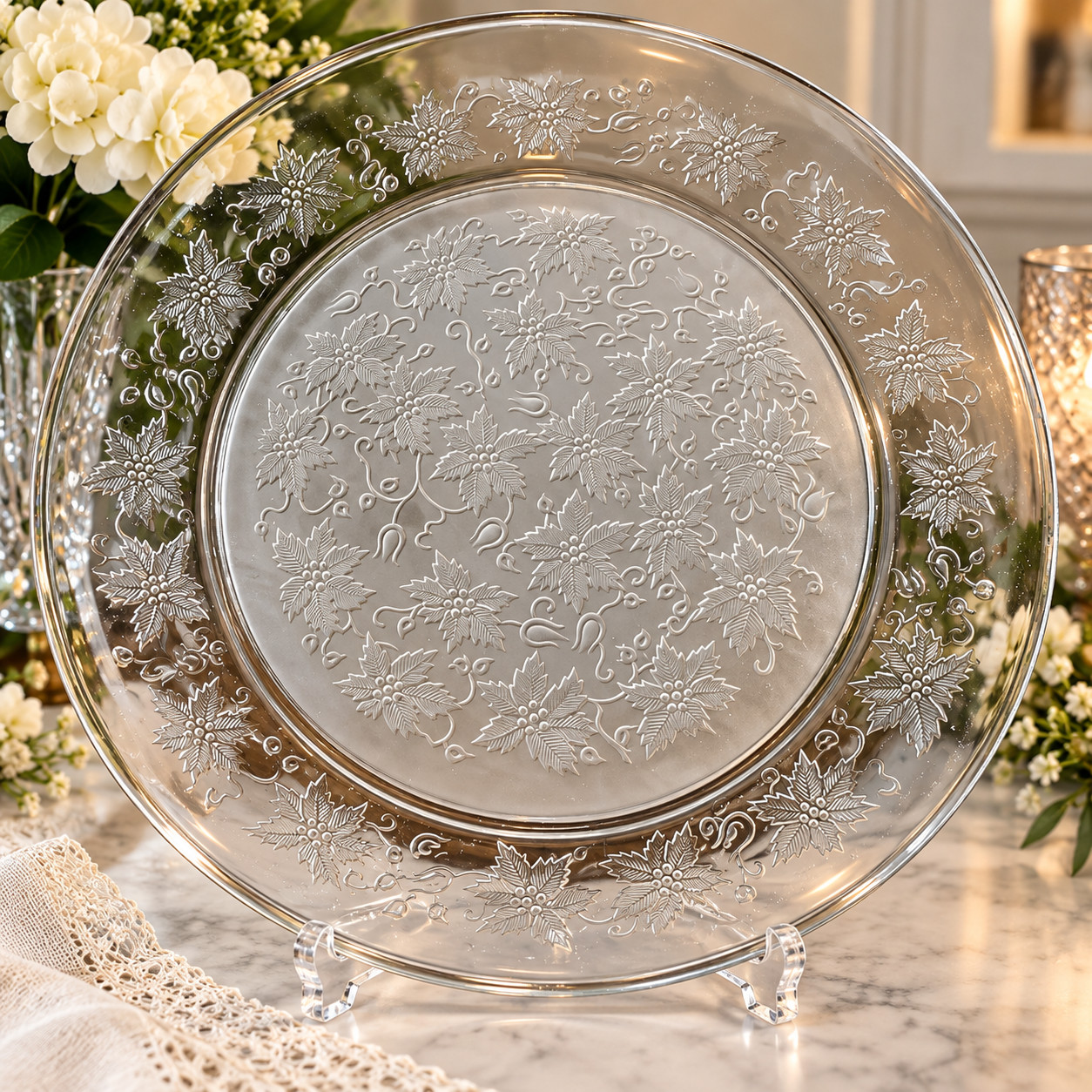 Princess House Fantasia #509 Crystal Platter Poinsettia w Box Paper USA