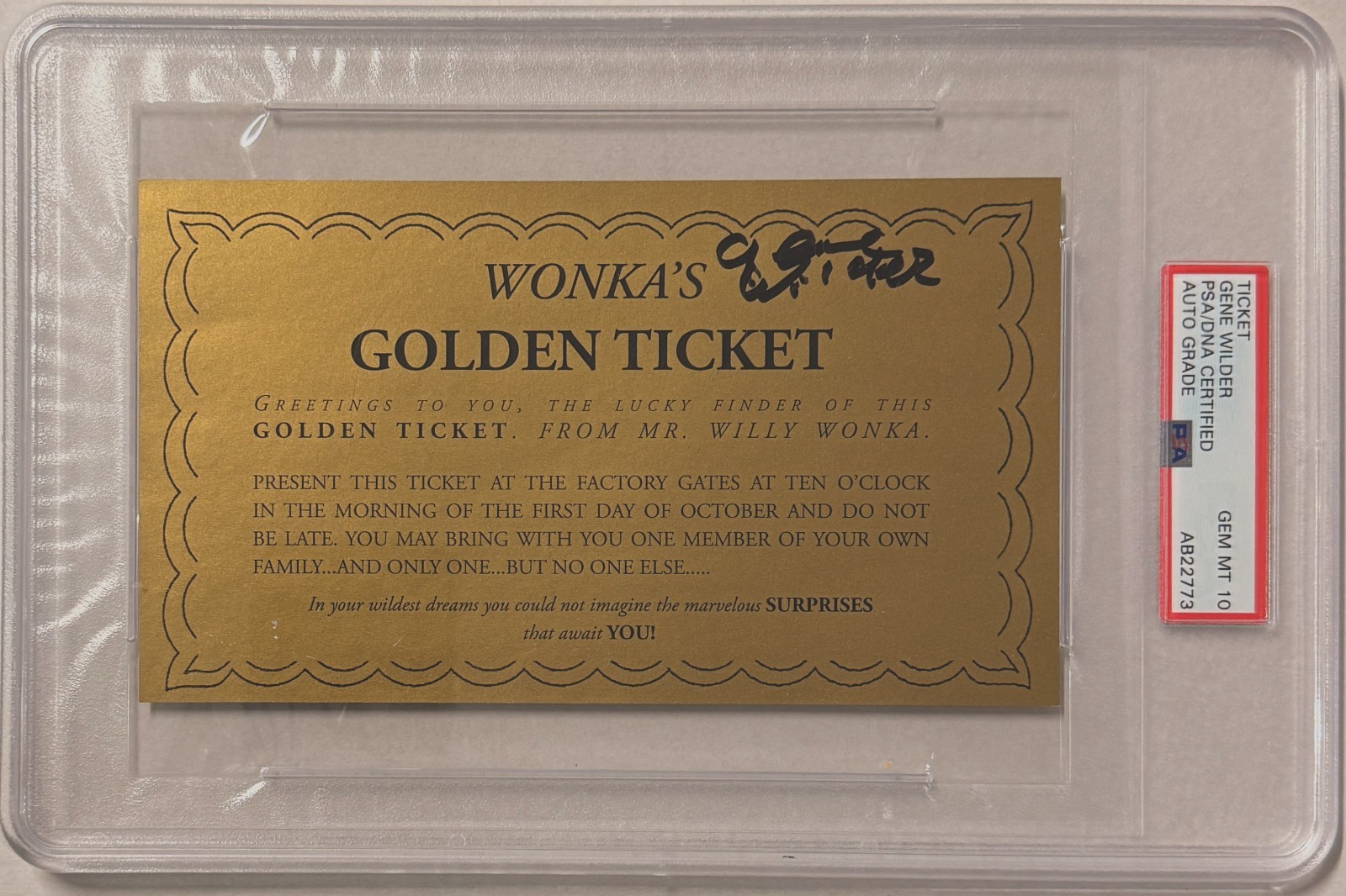 Gene Wilder Signed Willy Wonka\'s Golden Ticket PSA DNA Graded GEM MT 10