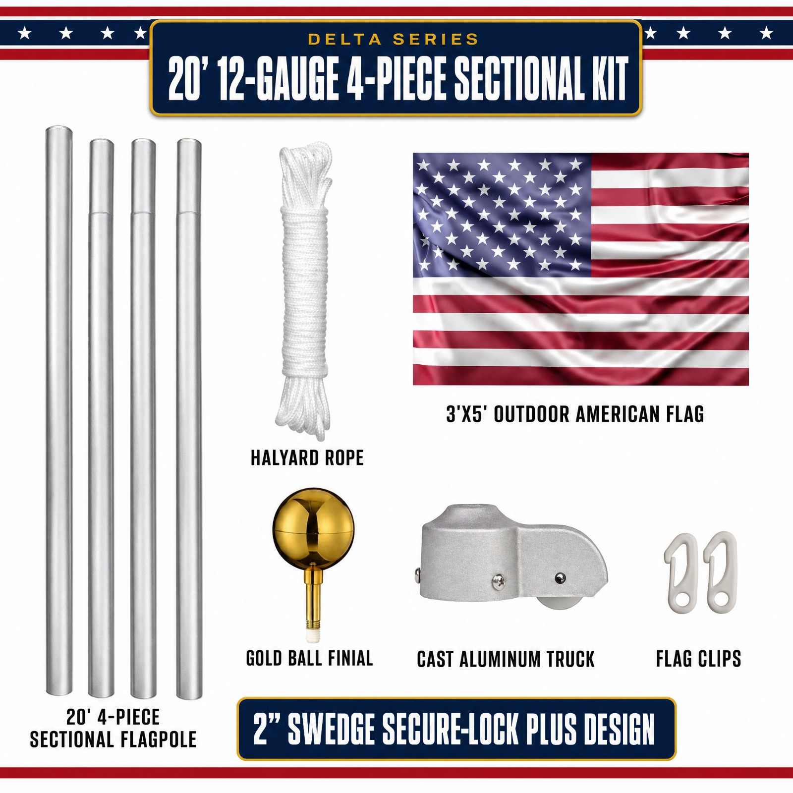 20\' Delta SECTIONAL Residential Flagpole (Silver)