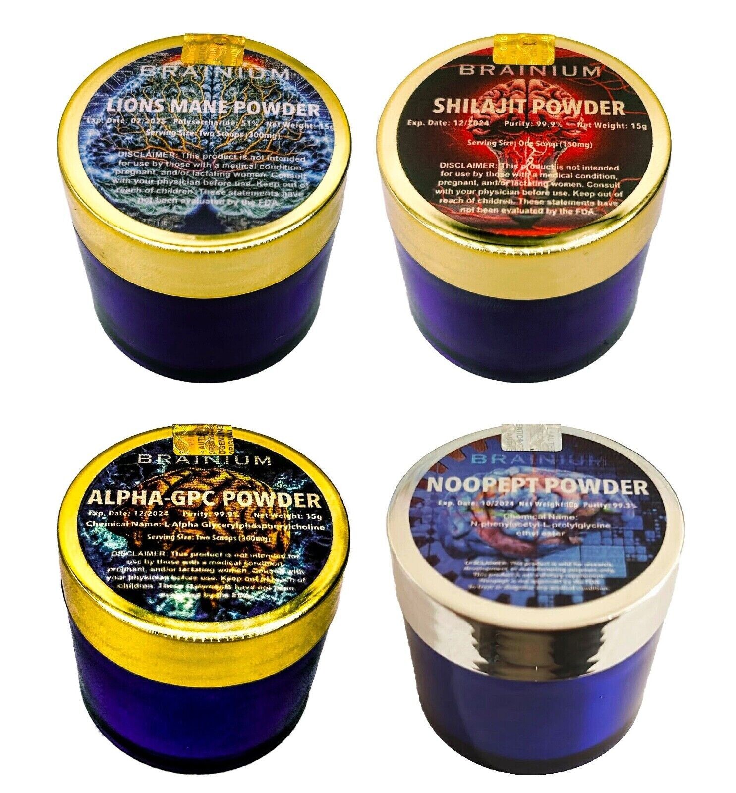 BRAINIUM BUNDLE - Noopept 10g / Alpha-GPC 15g / Lions Mane 15g / Shilajit 15g