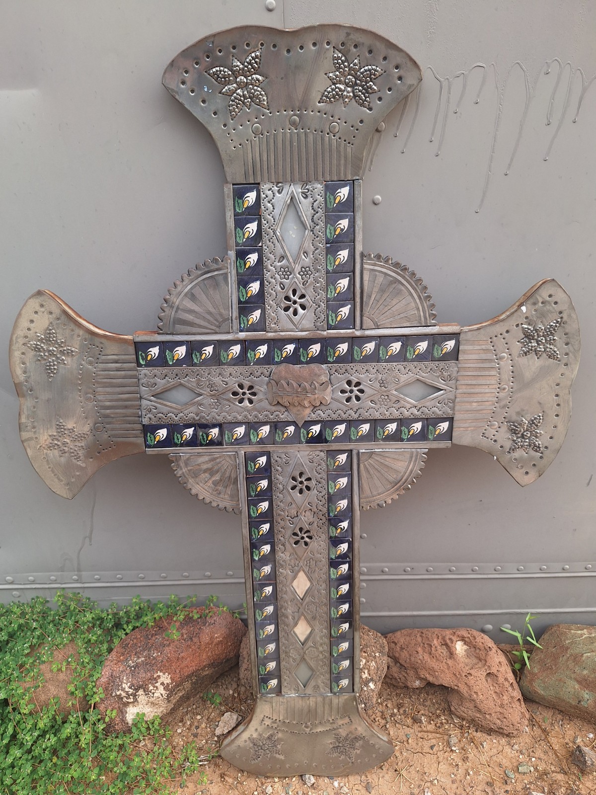 Vintage Large Mexican Folk Art Tin Tile Lilly Flower Religious Cross Heart