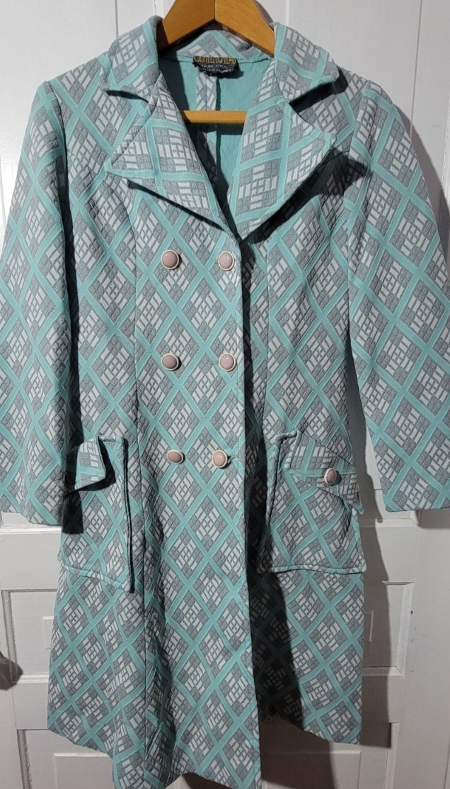 EUC Vintage 60s Mod Castello d\'Elmo Double Breasted Diamond Knit Med Spring Coat