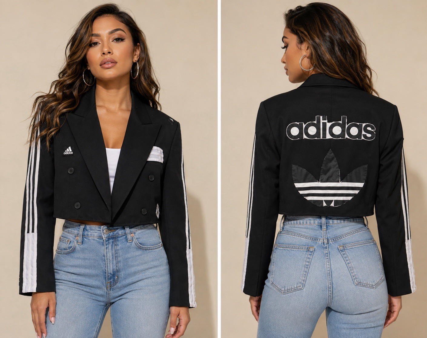 Upcycled adidas inspired Black Cropped Blazer with White Stripe Detail size L
