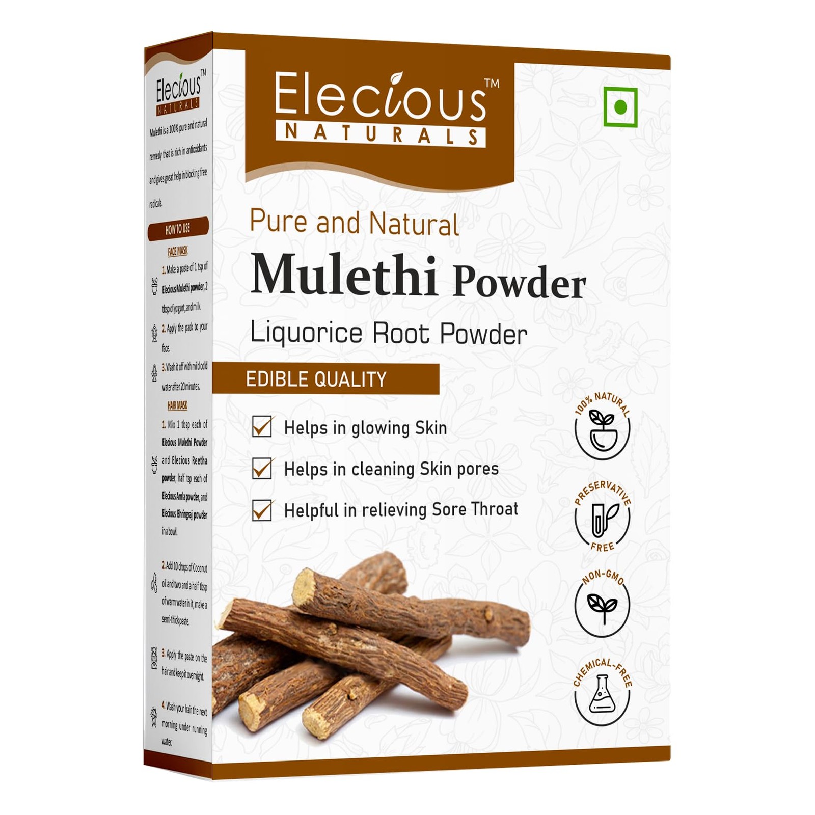 Elecious Mulethi Powder 200g | Licorice Yashtimadhu Edible Herbal