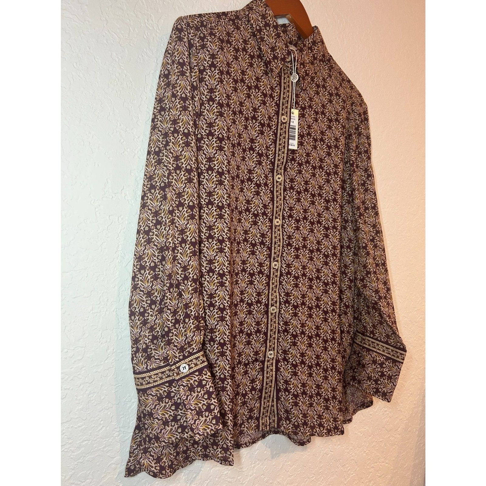 NWT Max Studio London 1X Wine Paisley Button Front Boho Blouse MSRP $138
