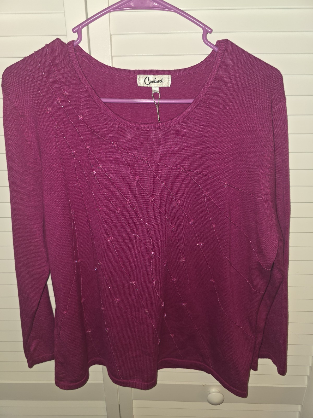 New NWT Deadstock Vintage Carducci XL Magenta Beaded Embellished V Neck Sweater 