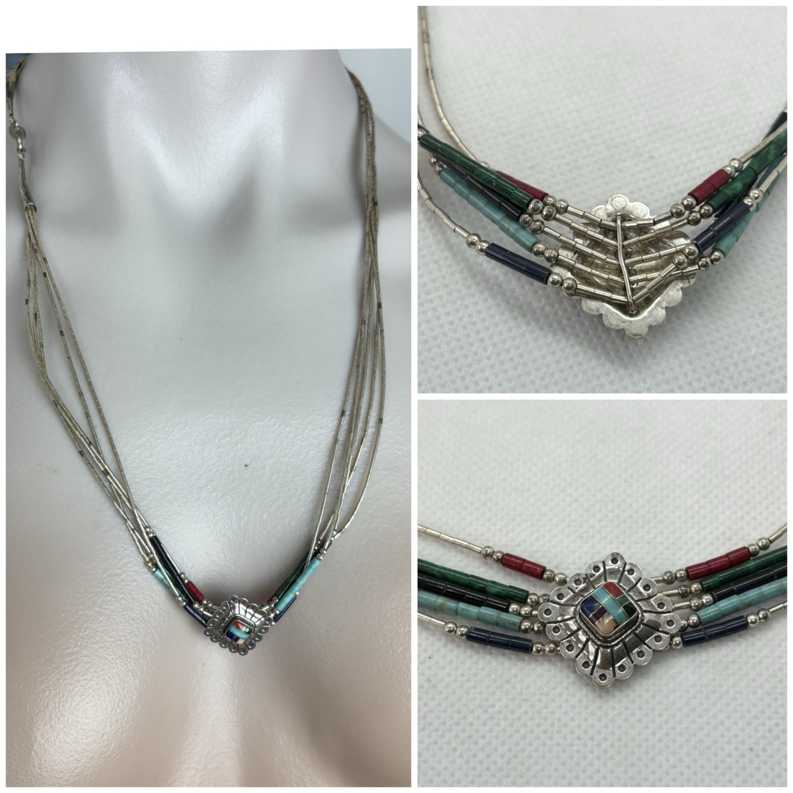 Vtg Southwest QT Sterling Liquid Silver 5 Strand Turquoise Heart Inlay Necklace