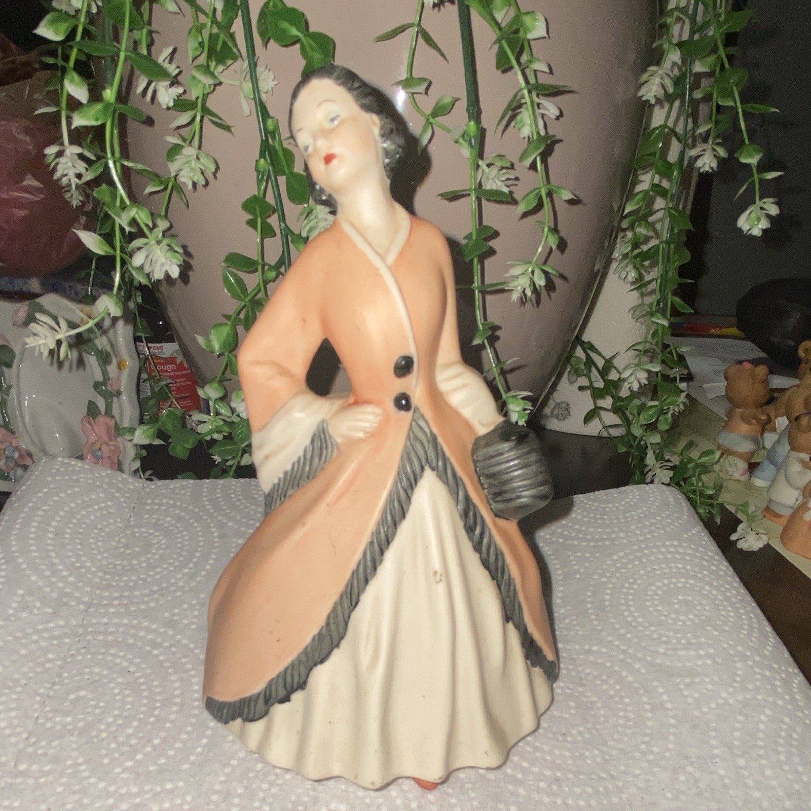 Vintage Ceramic Lady Muff Figurine Mid Century Japan Kitschy