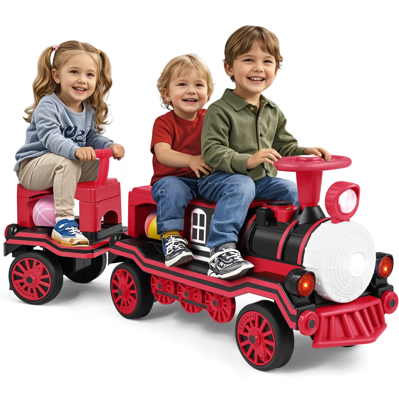 Red Large 2-Seater Electric 12V Kids Ride On Train w/Carriage,2Speed,Music,Light