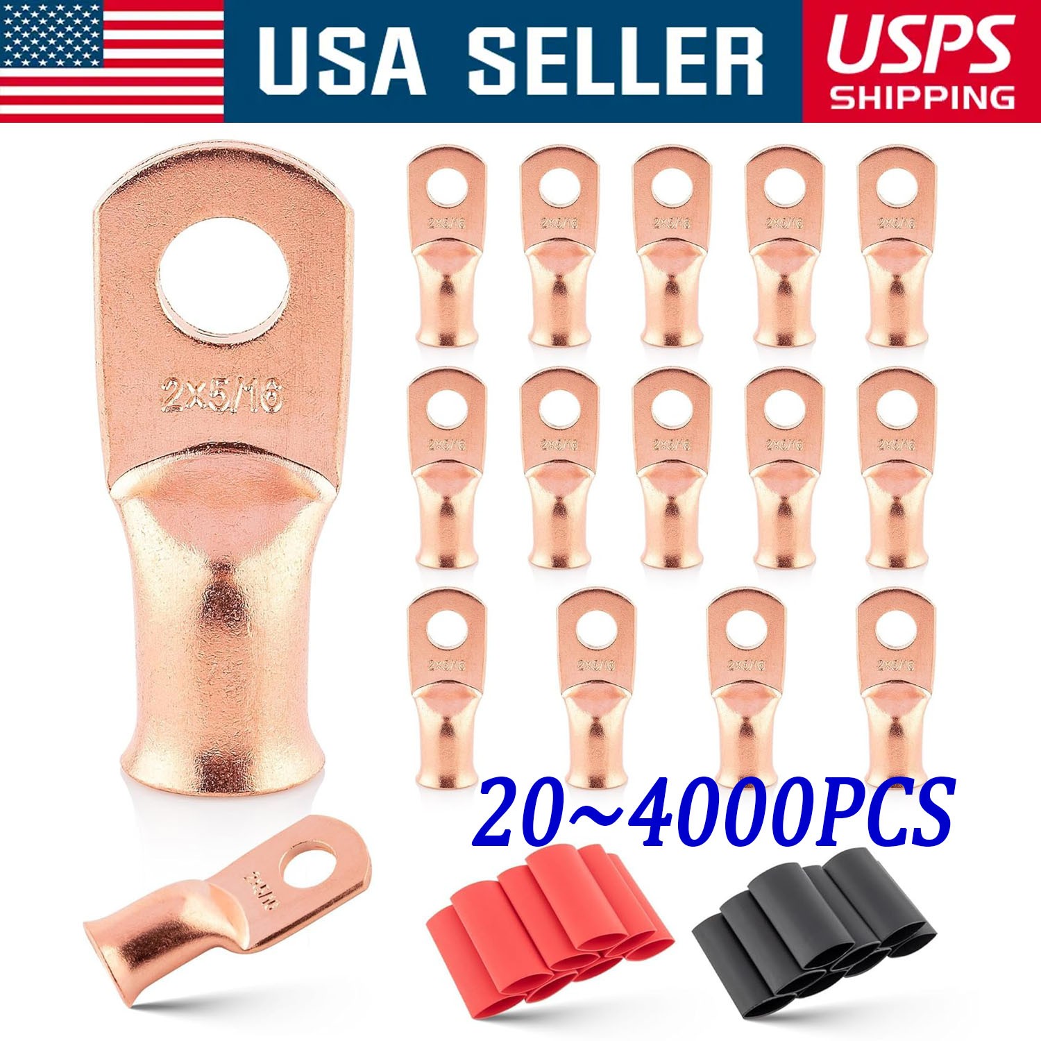 4000pcs 1/0 AWG Gauge Copper Lugs w/ BLACK & RED Heat Shrink Ring Terminals Lot