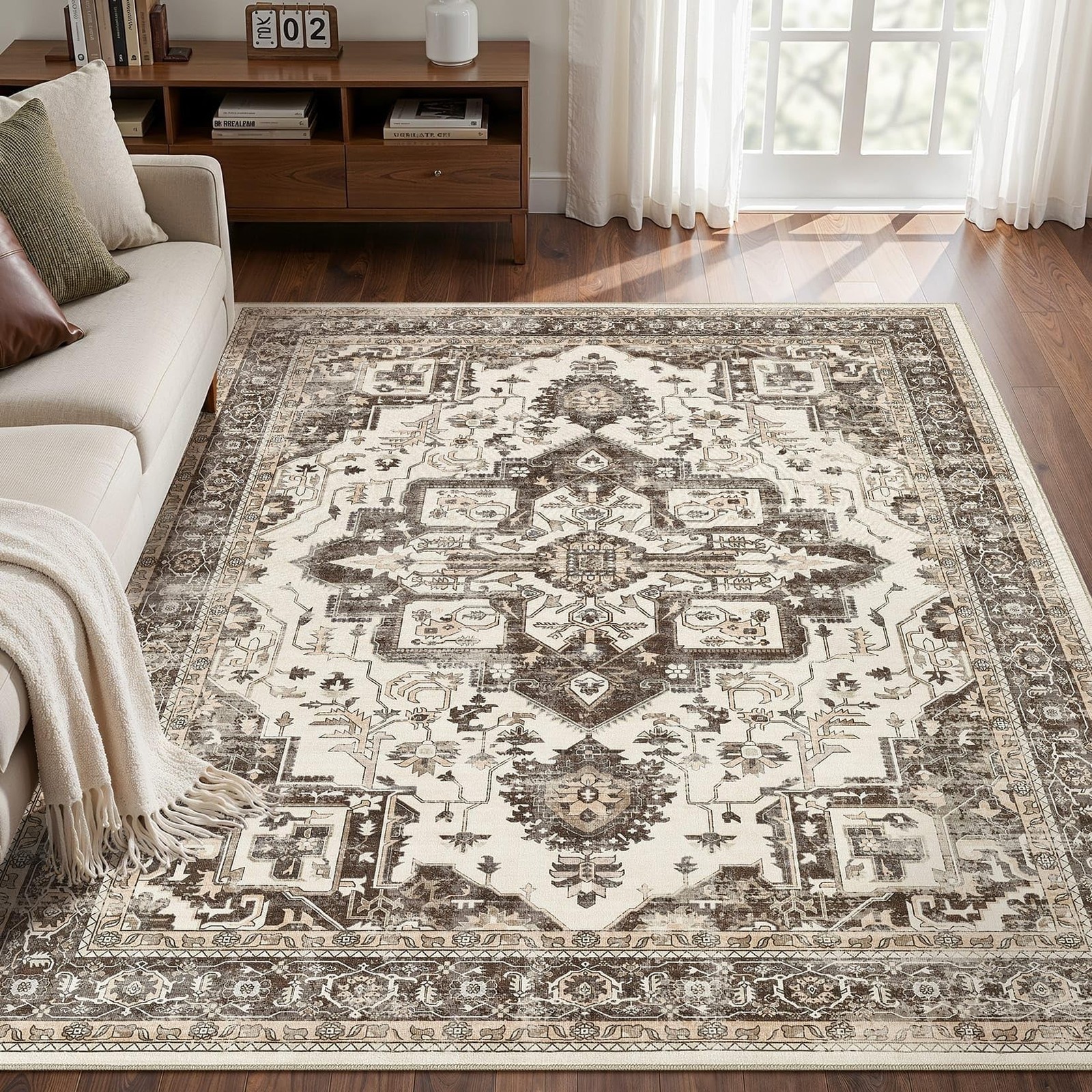 Vintage Washable 5x7 Area Rug for Living Room, Dark Brown 5' x 7' (Rectangular) Vintage Washable 5x7 Area Rug for Living Room, Dark Brown 5' x 7' (Rectangular)