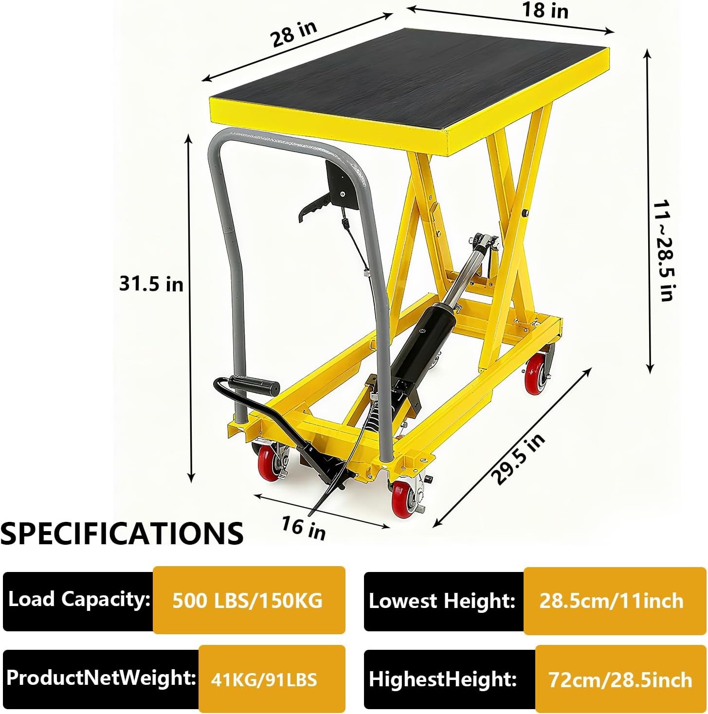 GRAVEE 500 LB Hydraulic Lift Table Cart Single Scissor Lift Table Adjust Height