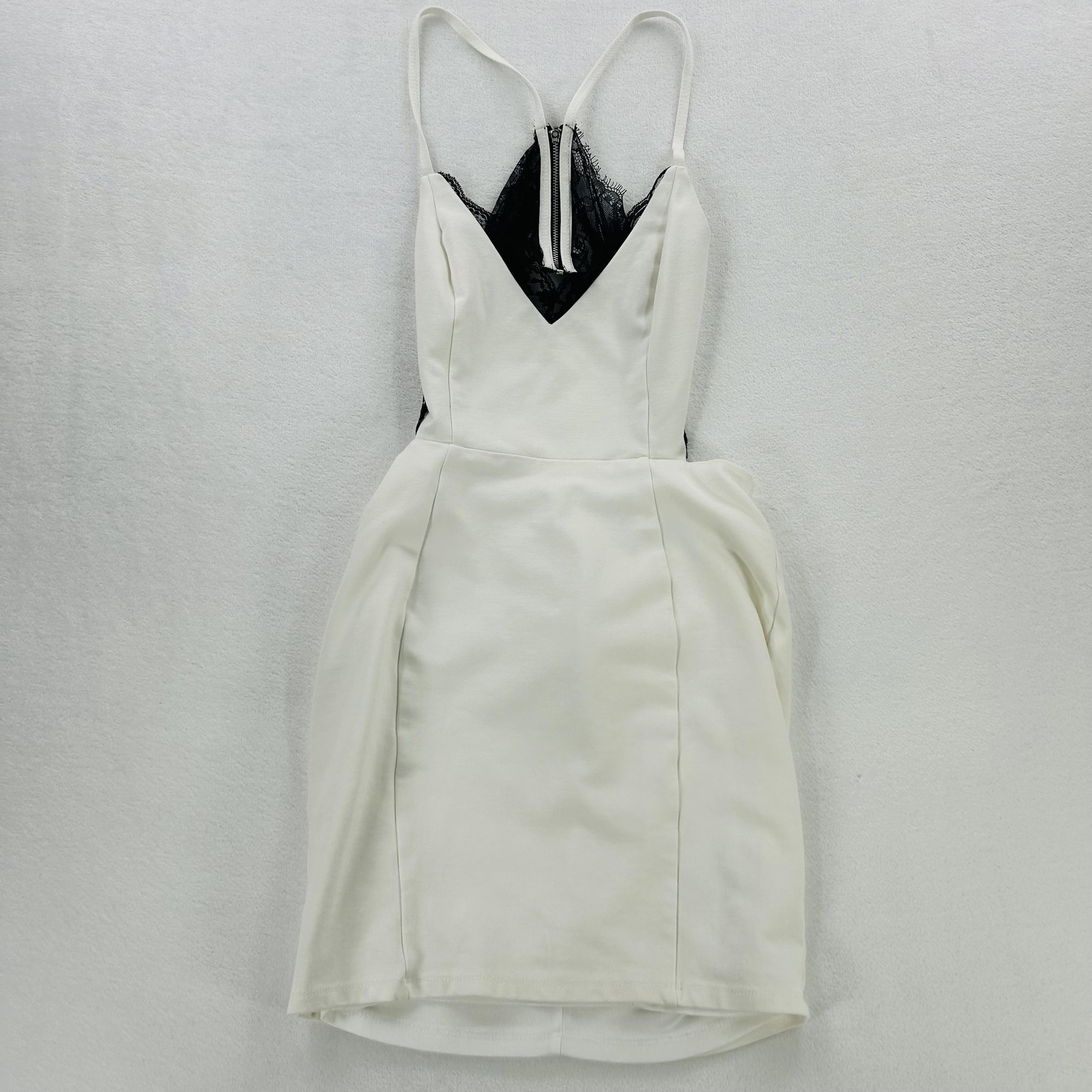 LuLus Dress Womens Small White Black Lace Bodycon Mini Spaghetti Strap Party