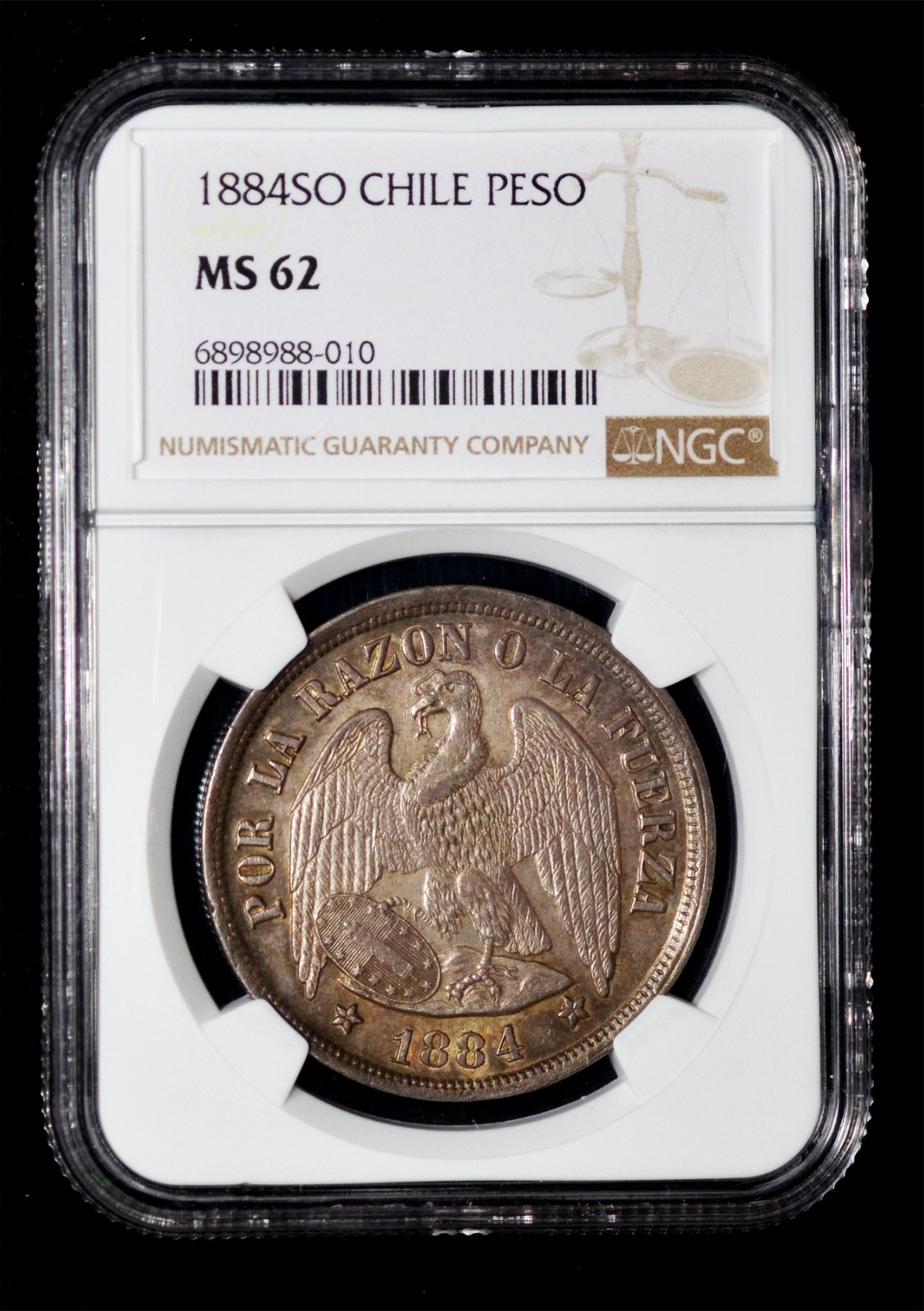 NGC MS62 1884 SO Chile Silver 1 Peso - toned