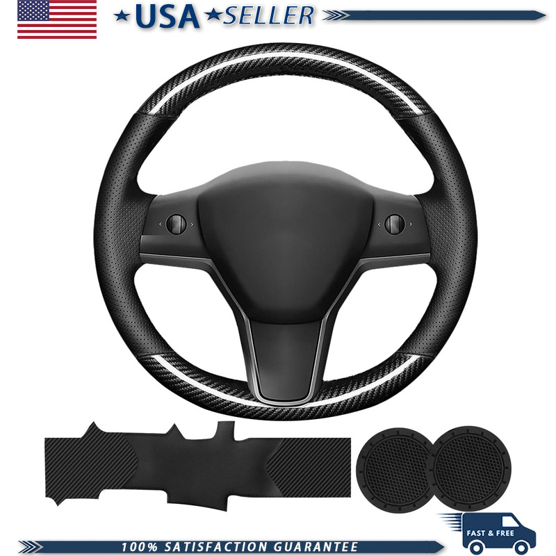 Hand-Sewn Microfiber Leather Tesla Stitch Steering Wheel Cover Tesla Model 3 201