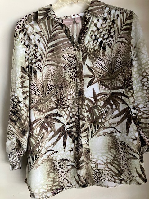 Chico\'s Button-Up Long Sleeve Brown Tropical Blouse Size L (chico\'s 2) Chico\'s Button-Up Long Sleeve Brown Tropical Blouse Size L (chico\'s 2)