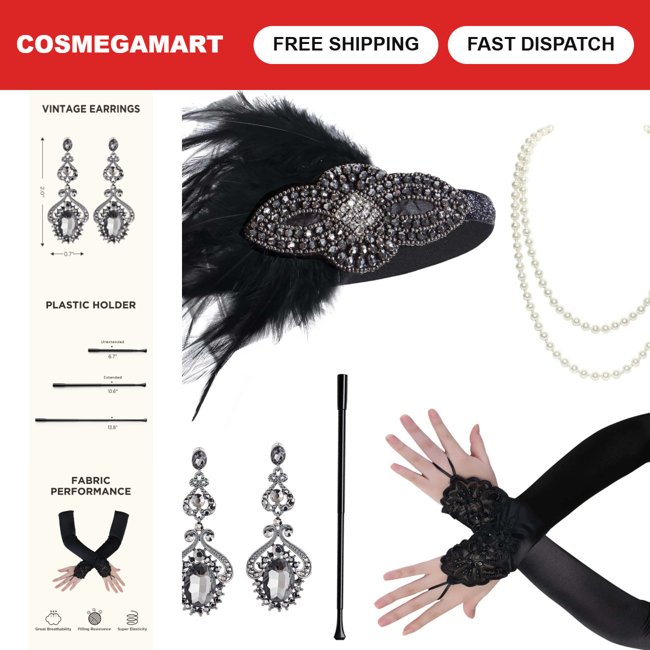 1920s Flapper Costume Accessories Set - Headband, Pearl Necklace, Gloves, Holder